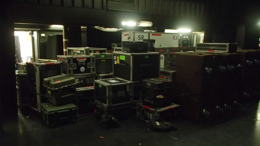 aesthetic concert story template backstage area with instruments, cables, and dressing room mirror