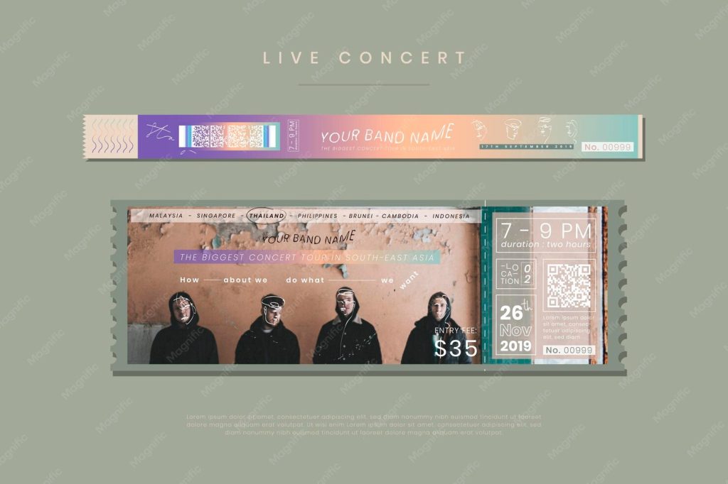 aesthetic concert story template concert ticket, wristband, and phone with music app on table