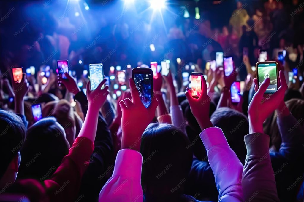 aesthetic concert story template crowd at concert with raised hands and phones in the air