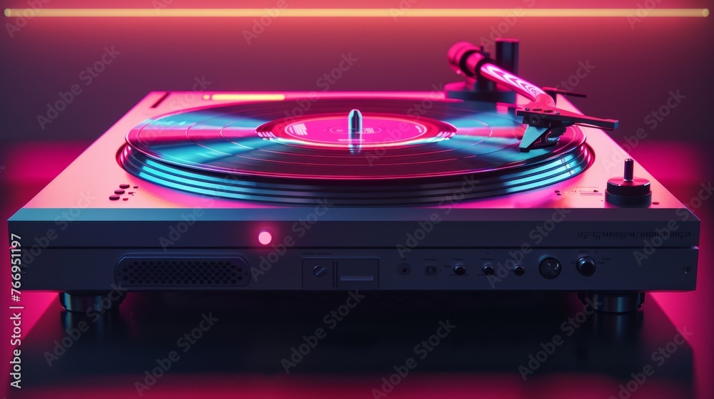 aesthetic concert story template vinyl record on turntable with concert ticket and neon lights