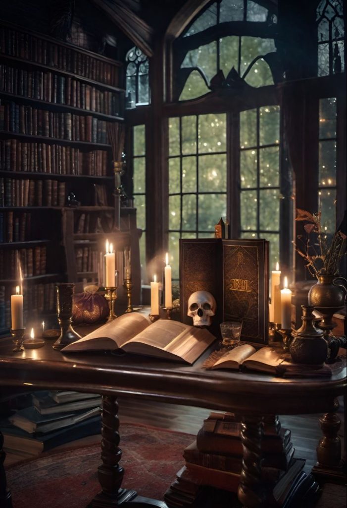 aesthetic Halloween story template dark academia books leaves