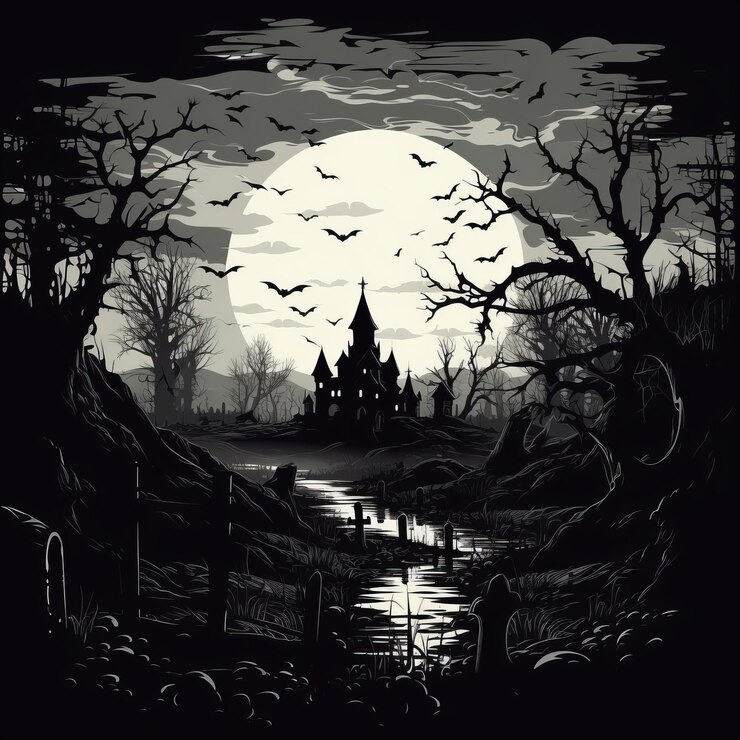 aesthetic Halloween story template noir black and white dramatic shadows