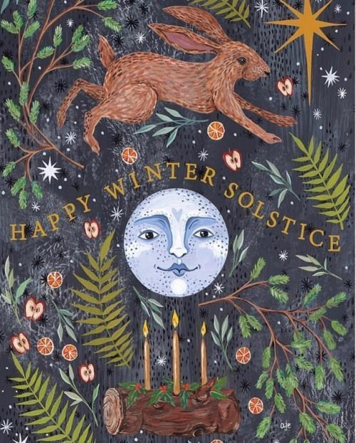 aesthetic holiday greeting story winter solstice pine trees snow candles fire aesthetic