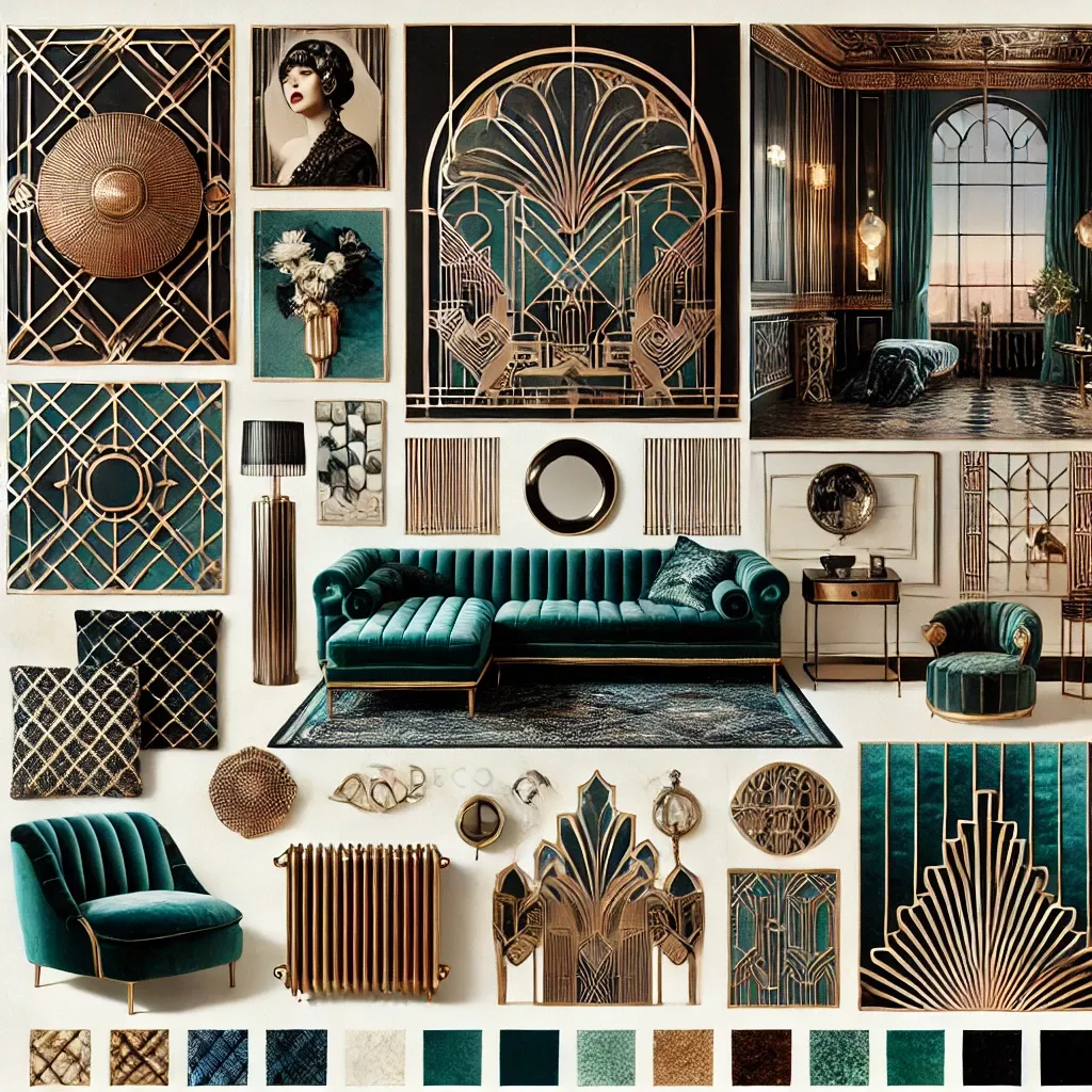 aesthetic interior moodboard story Art deco interior moodboard with gold accents and velvet furniture