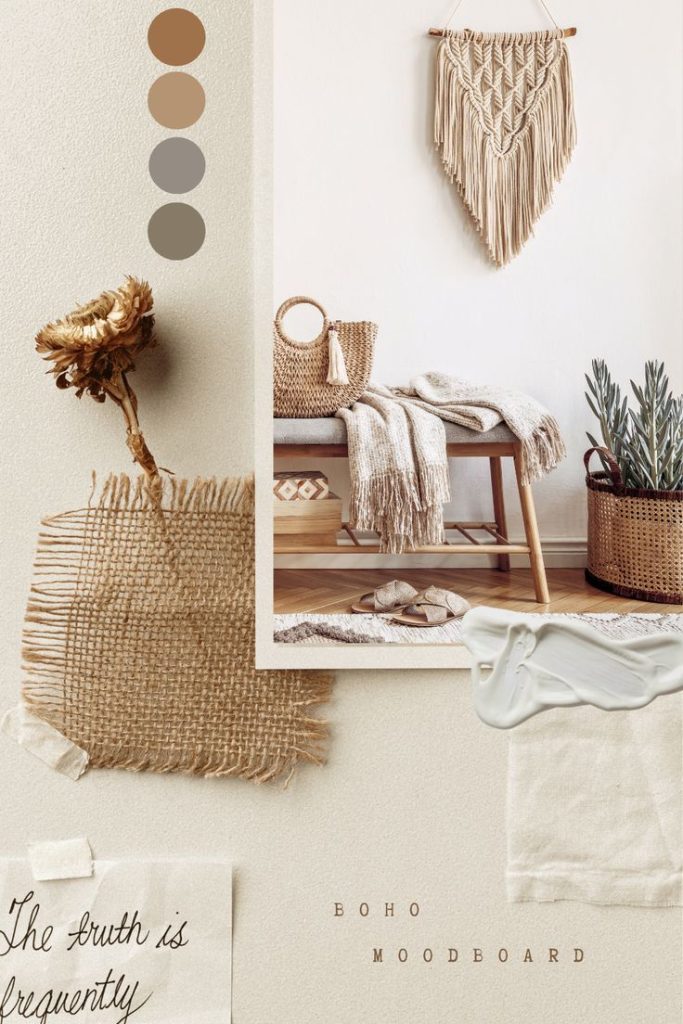 aesthetic interior moodboard story Boho chic interior moodboard with macrame and rattan furniture