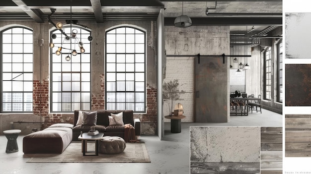 aesthetic interior moodboard story Industrial loft interior moodboard with brick wall and metal lighting