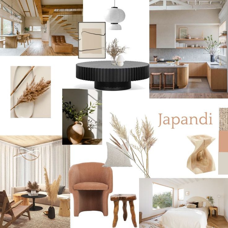 aesthetic interior moodboard story Japandi interior moodboard with low wooden table and ceramic vase
