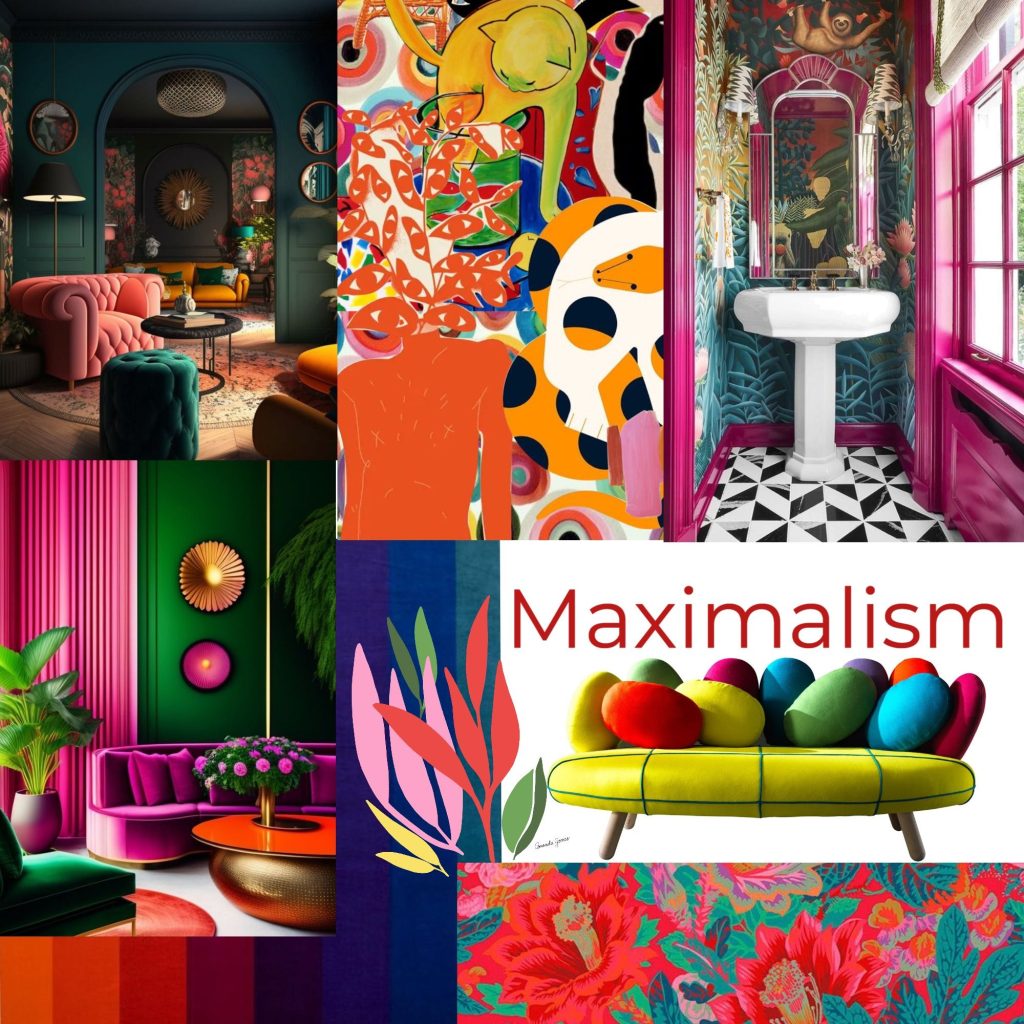 aesthetic interior moodboard story Maximalist interior moodboard with patterned wallpaper and gallery wall
