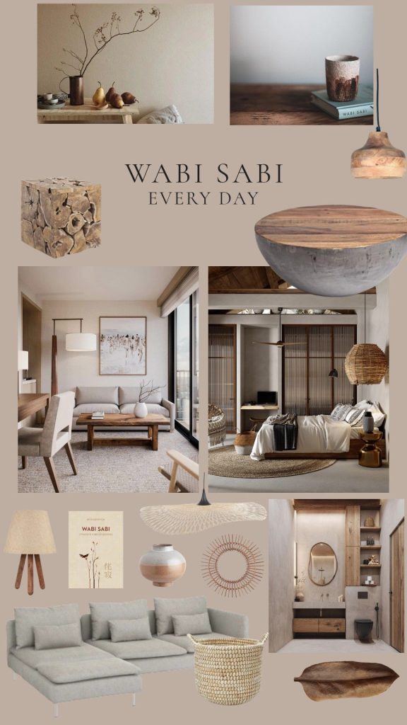 aesthetic interior moodboard story Wabi-sabi interior moodboard with pottery and dried flowers