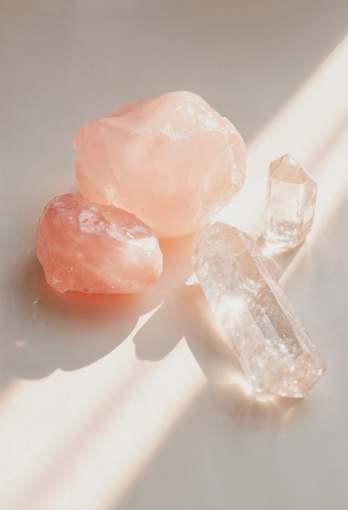 aesthetic spa story template rose quartz crystals on a marble surface with soft lighting