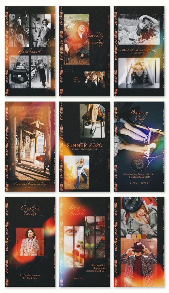 aesthetic story template psd Film grain Instagram story template with light leaks and amber tone