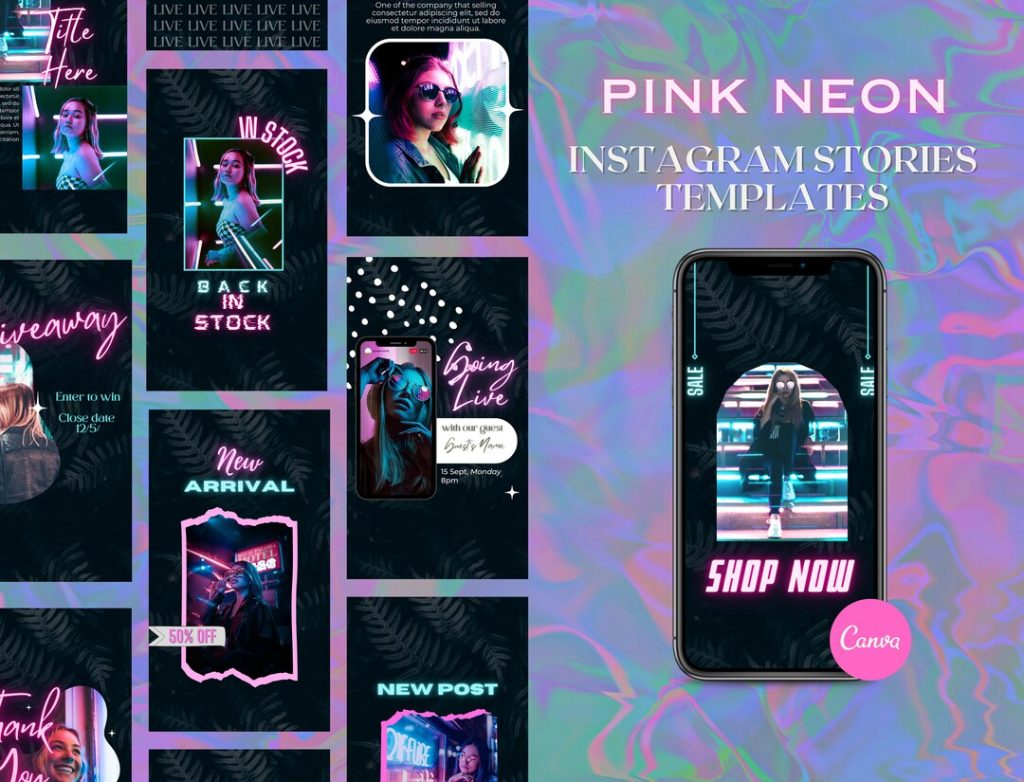 aesthetic story template psd Neon Instagram story template with bright pink and cyan glow on black