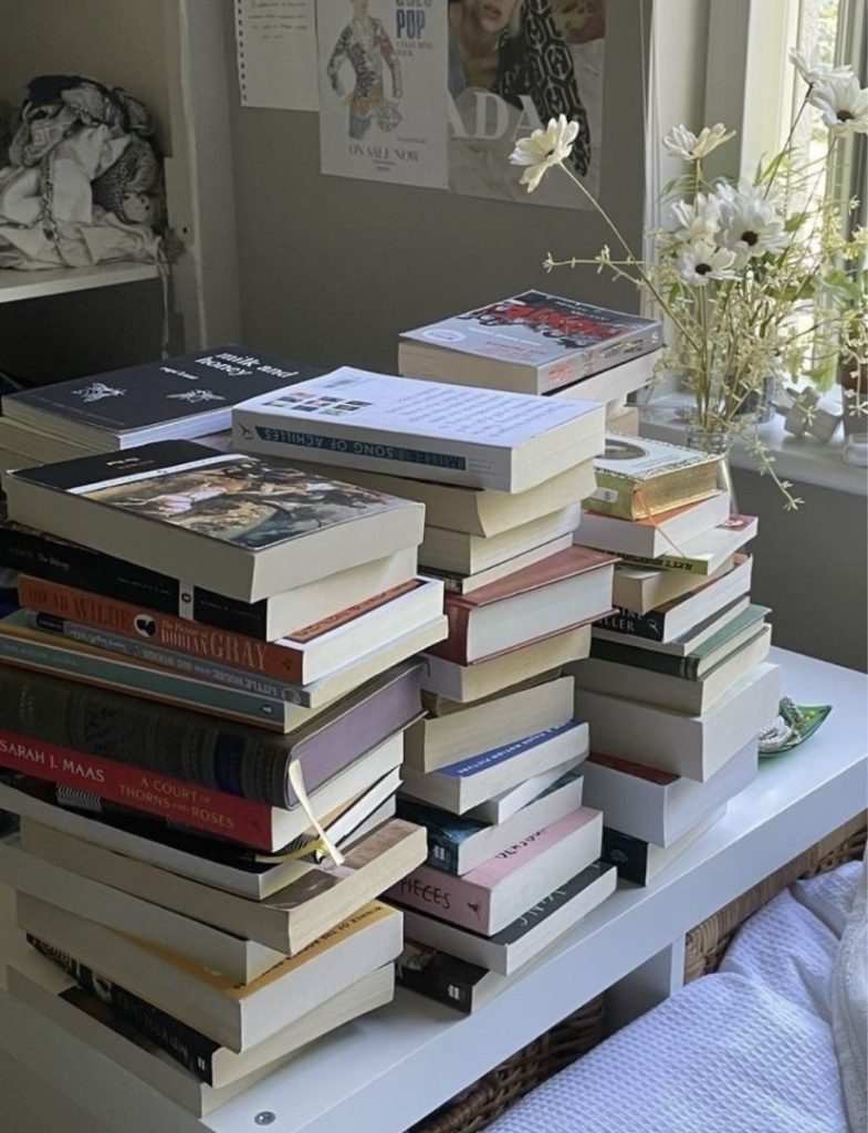 aesthetic study story template aesthetic book stack on study desk with reading glasses