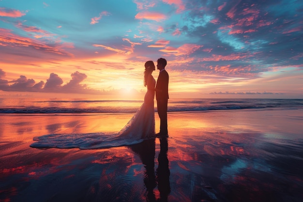 aesthetic wedding story template sunset beach with couple silhouettes and ocean