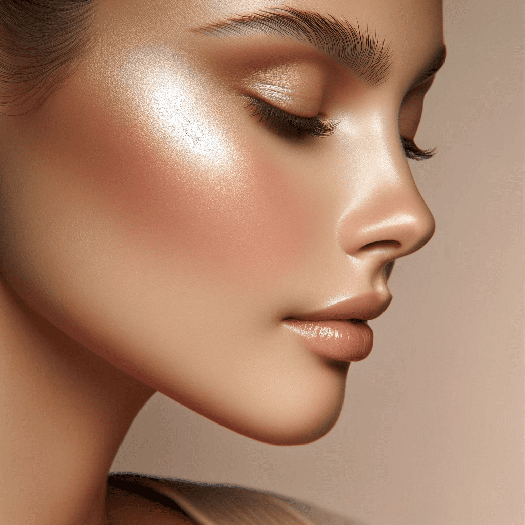 clean girl aesthetic story template close-up of person's face with dewy skin and glowing highlighter, holding phone with Instagram story template