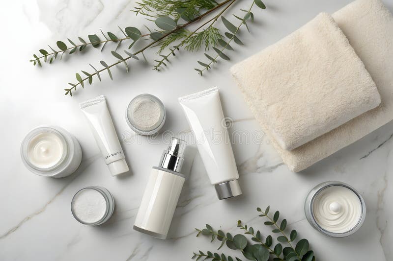 clean girl aesthetic story template flat lay of beauty products on beige marble surface with Instagram story template overlay