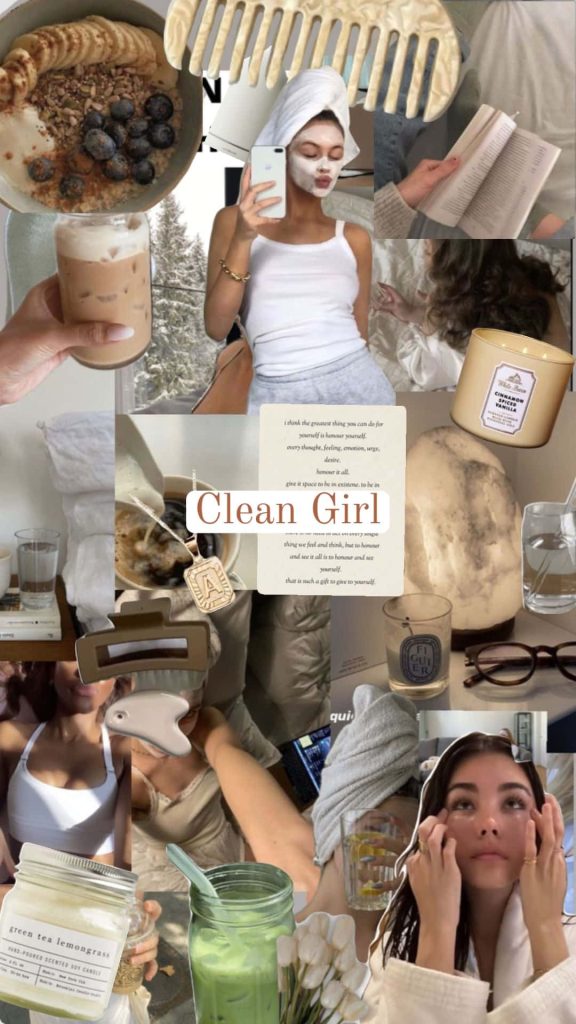 clean girl aesthetic story template woman with clean girl aesthetic holding phone showing minimalist Instagram story template with neutral colors