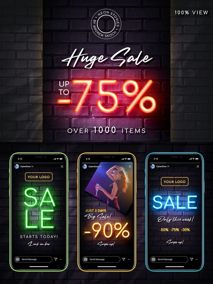 dark mode aesthetic sale instagram story template charcoal neon cyan discount