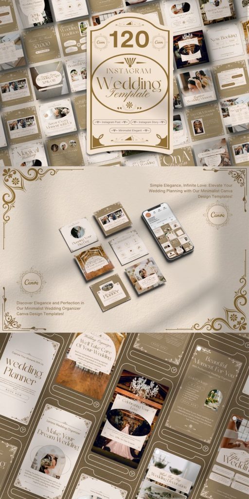 Elegant wedding Instagram story template with gold foil and lace on phone screen
