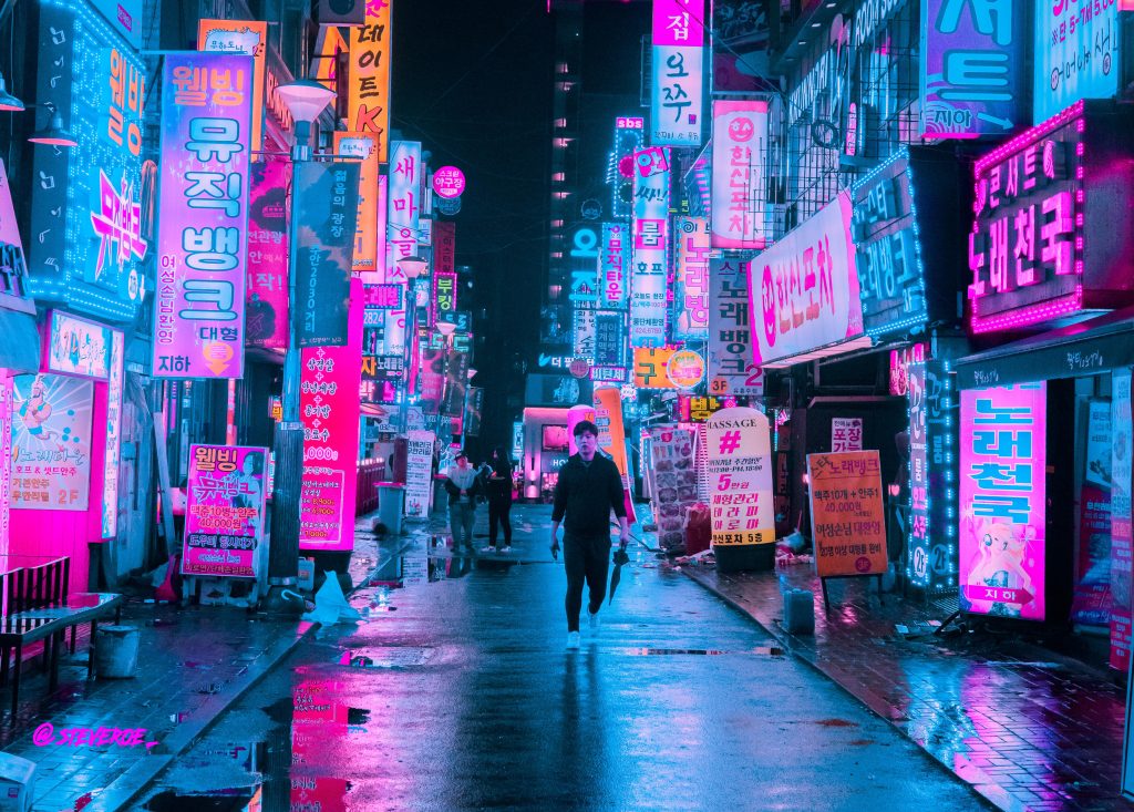 Korean aesthetic story template Korean neon streets Instagram story template colorful signs dark alley urban