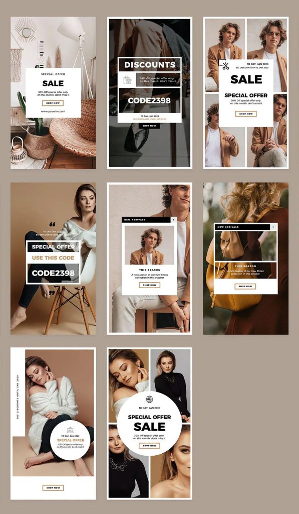 modern promo grid aesthetic sale instagram story template three panels monochrome