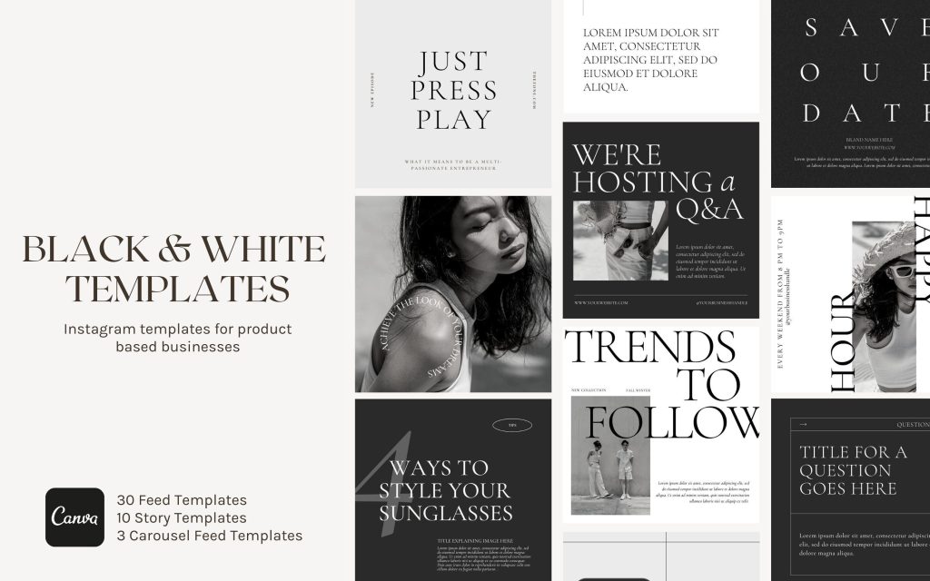 moody monochrome black and white aesthetic social media template with shadows and minimal text