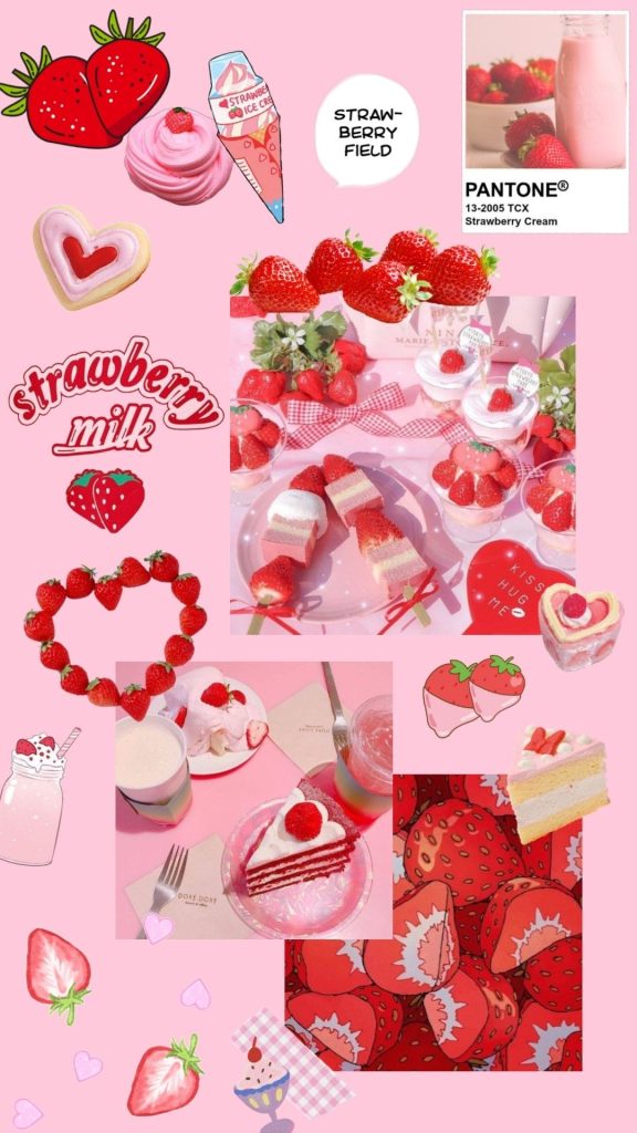 soft girl aesthetic story template strawberry milk with pink milkshake illustration and strawberry slices on cream background
