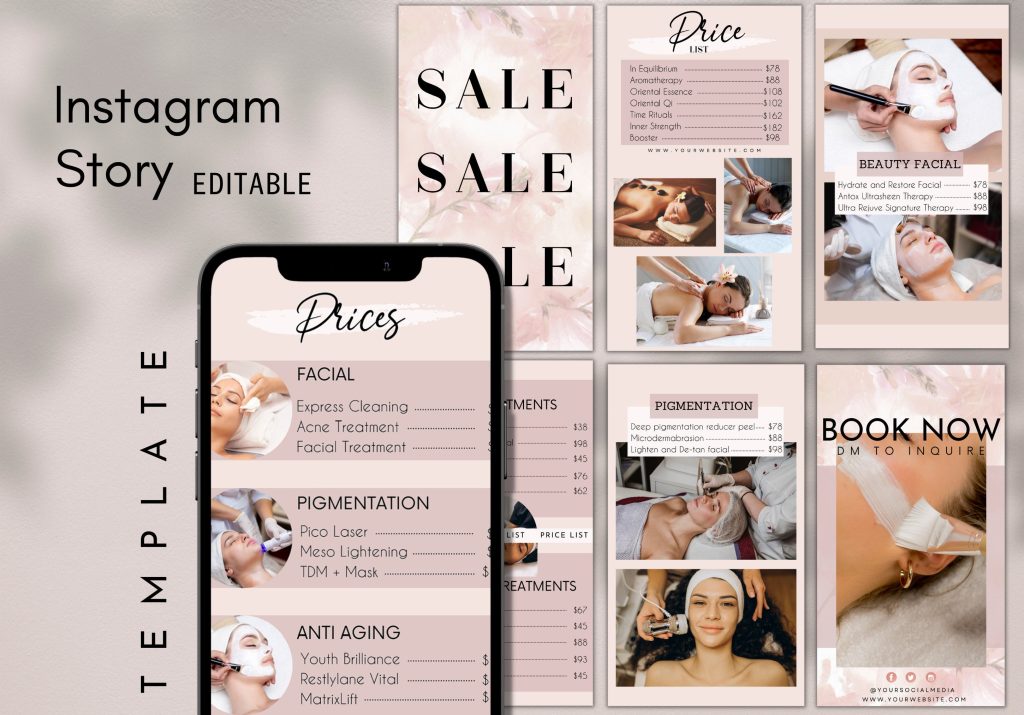 aesthetic beauty price list story template coral and pink tropical leaves with white text