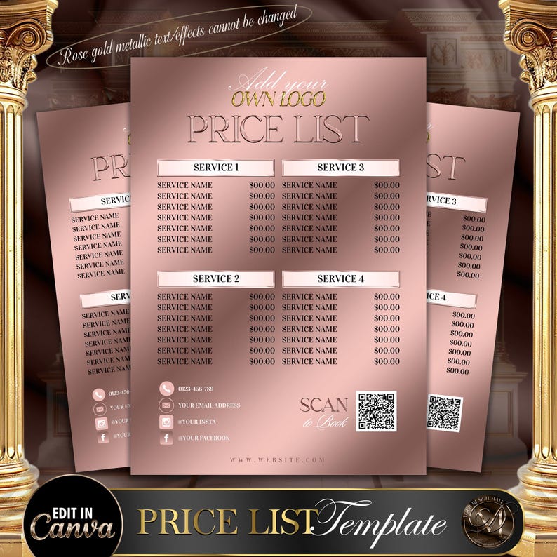 aesthetic beauty price list story template rose gold text on white background with glitter accents