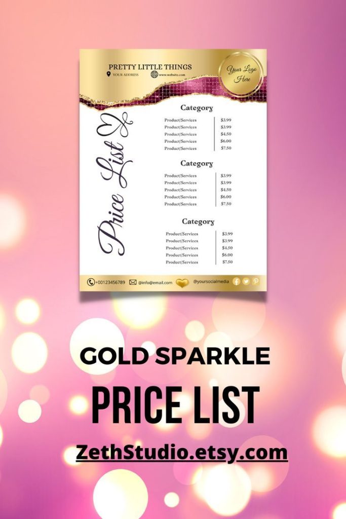 aesthetic beauty price list story template with gold foil typography and glitter background