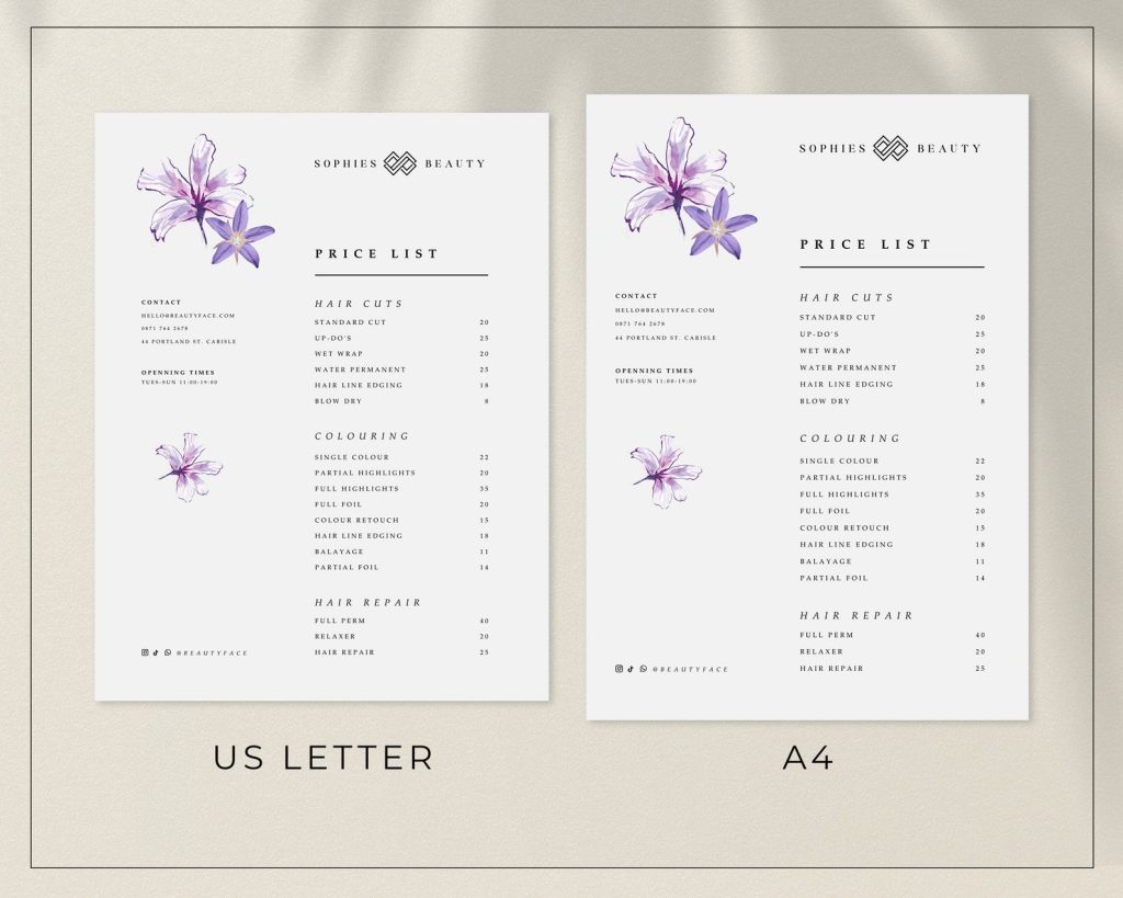 aesthetic beauty price list story template with watercolor floral border and handwritten font