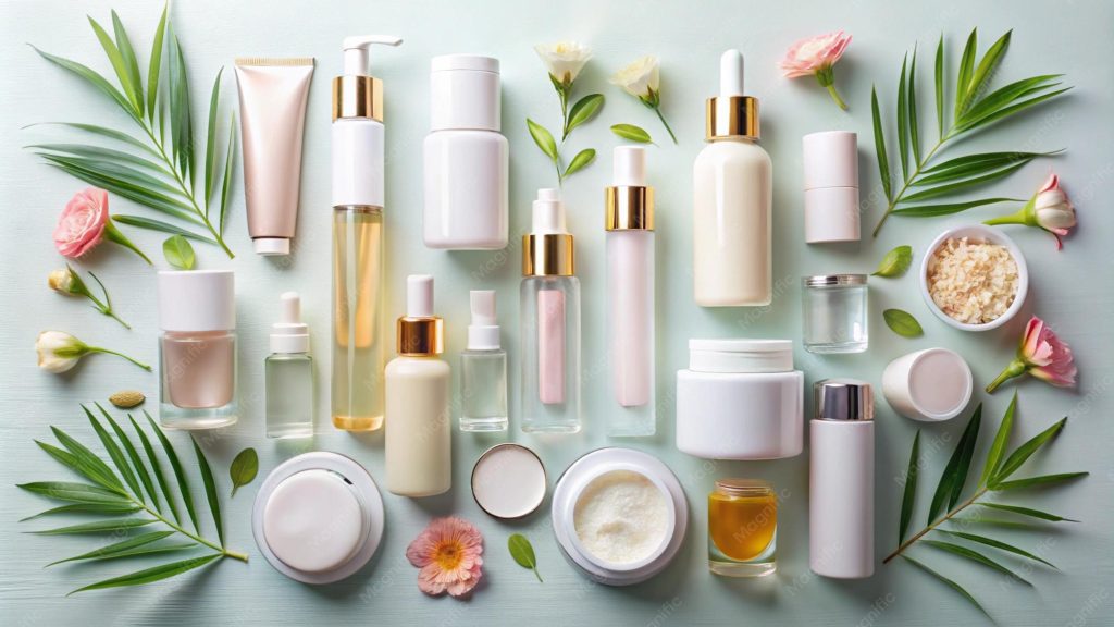 aesthetic beauty promo story template grid of four beauty products arranged harmoniously on a pastel background with handwritten labels