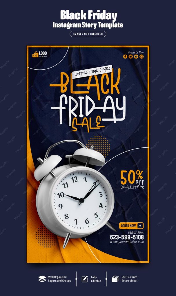 aesthetic black friday story template last chance Black Friday sale Instagram story template with clock icon and red urgency design