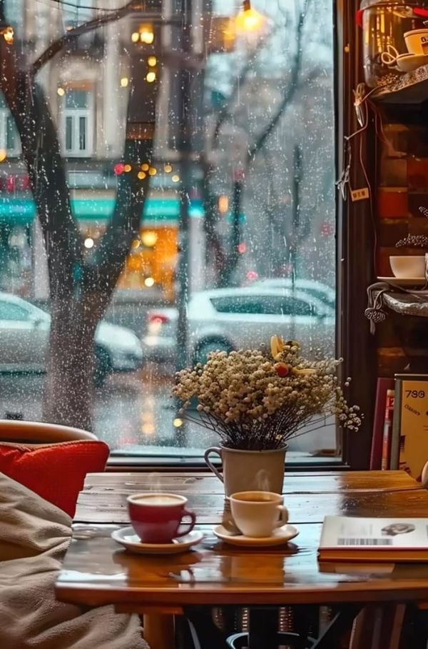 aesthetic cafe story template cafe window view with rain on glass and a cup of tea