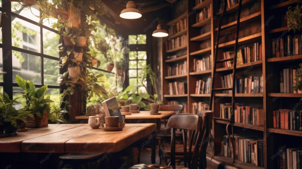 aesthetic cafe story template cozy corner cafe interior with bookshelf and plants