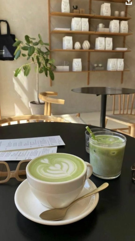 aesthetic cafe story template matcha latte with whisk and bamboo in cafe setting