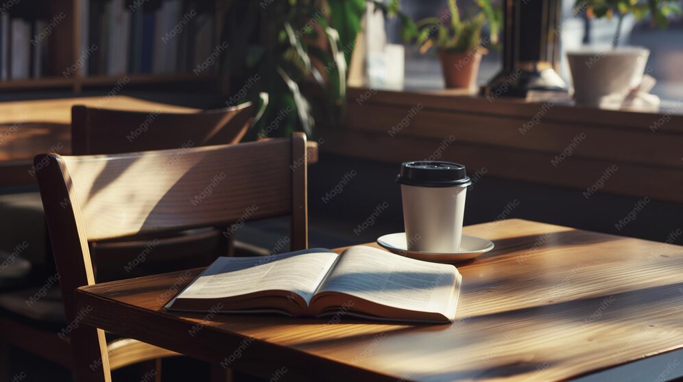 aesthetic cafe story template open book with coffee cup on wooden table