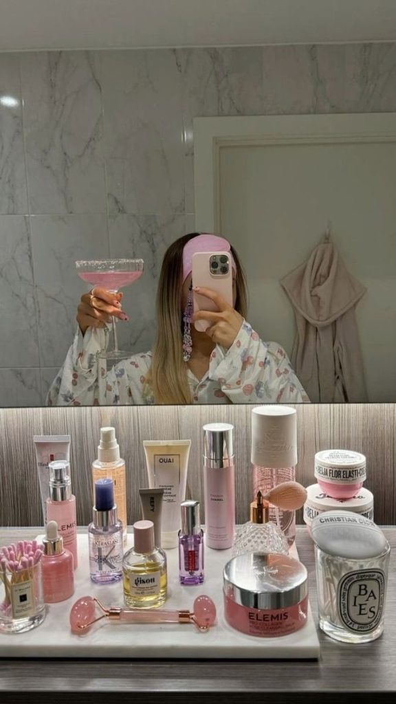 aesthetic day in my life story person doing skincare routine in bathroom with natural light