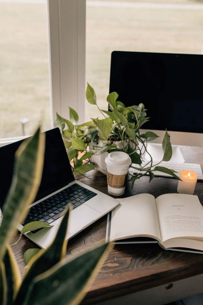 aesthetic day in my life story person working on laptop at desk with plants and coffee