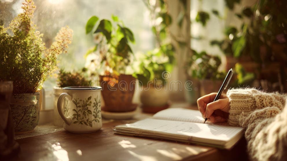 aesthetic day in my life story woman sitting by window with morning coffee and journal