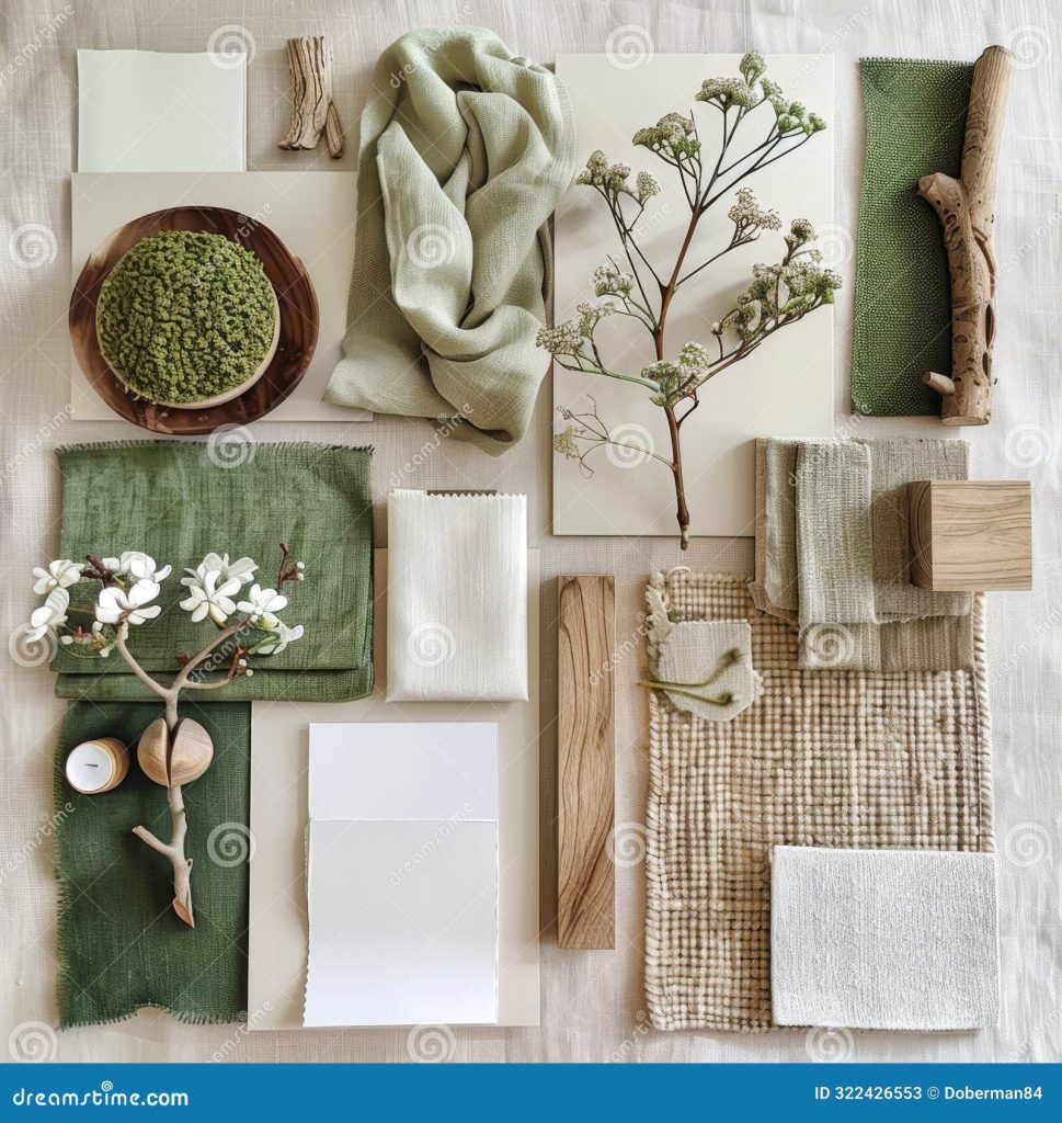aesthetic design moodboard story collage of vintage botanical prints and fabric swatches on a moodboard