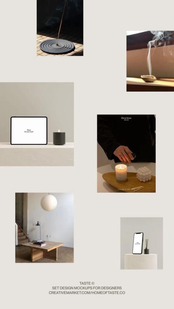 aesthetic design moodboard story product mockups of minimalist candles and books on a wooden surface