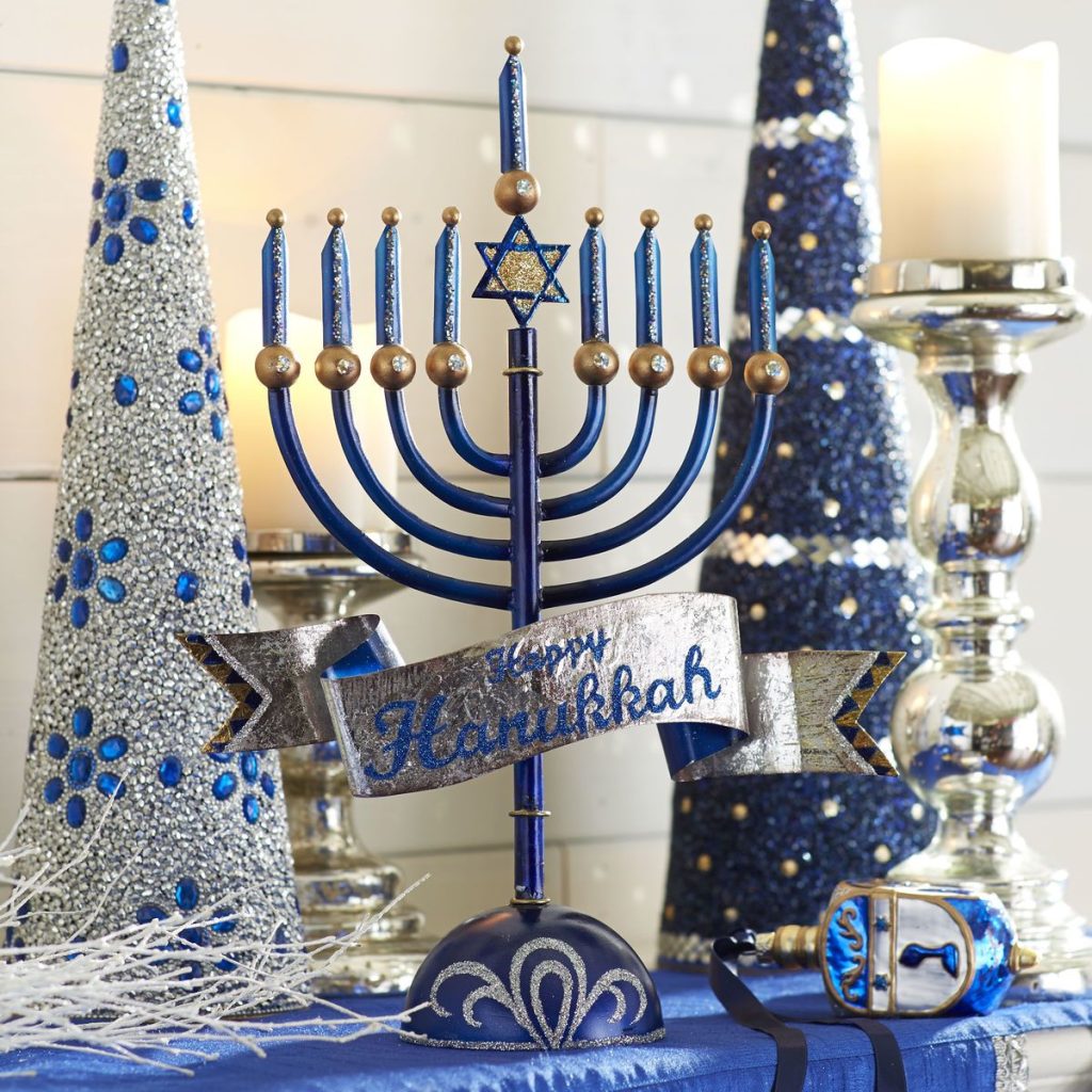aesthetic holiday story template Hanukkah menorah blue silver lights