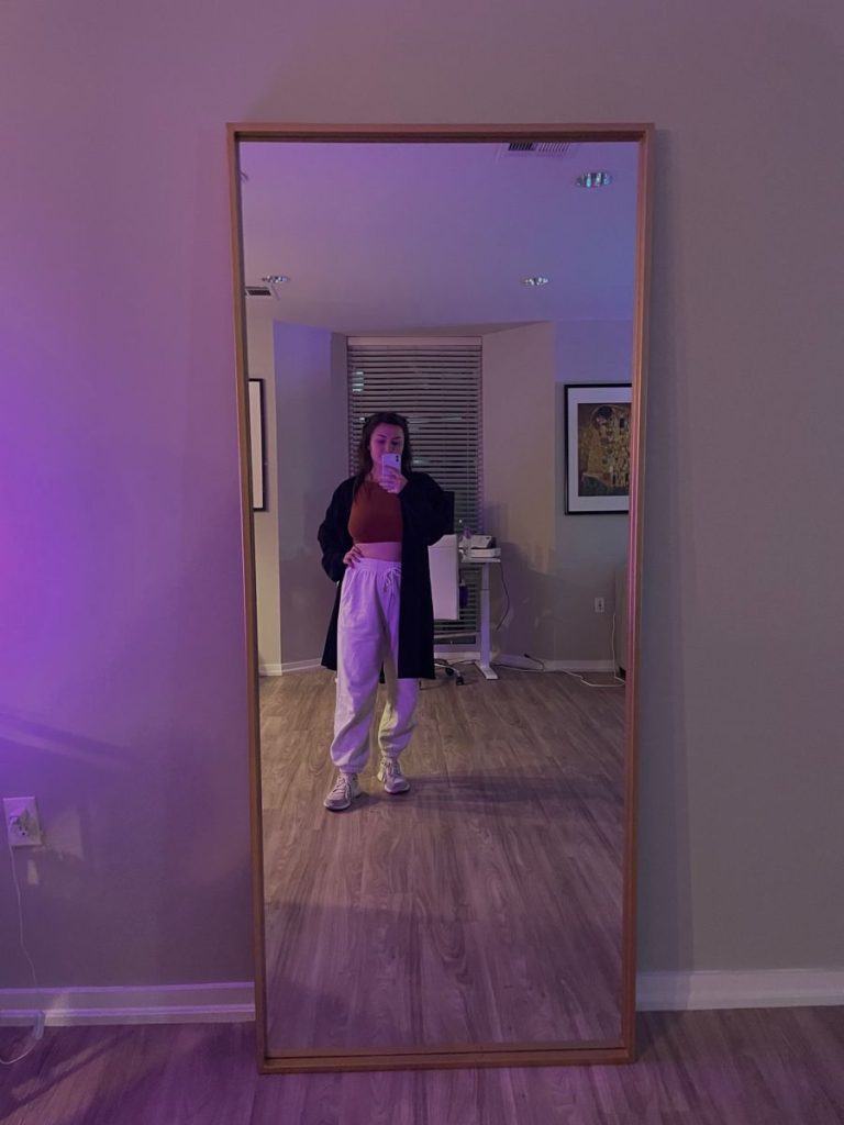 aesthetic lifestyle blogger story aesthetic full-length mirror selfie outfit of the day in a well-lit room