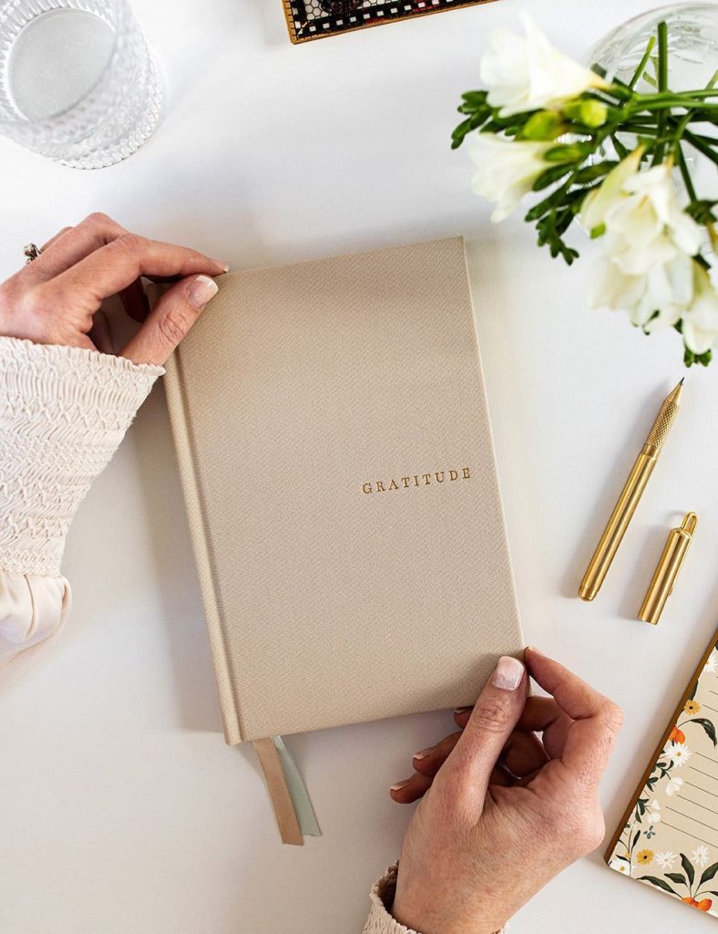 aesthetic lifestyle blogger story aesthetic gratitude journal with handwritten text and dried flowers