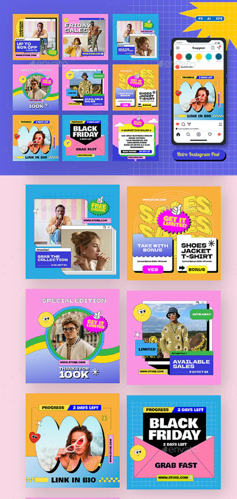 aesthetic link in bio story template Retro 90s inspired link in bio Instagram story template with neon colors and pixel elements