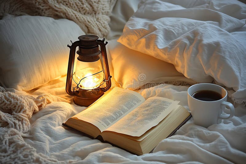 aesthetic night routine story book open on lap with blanket and warm lamp
