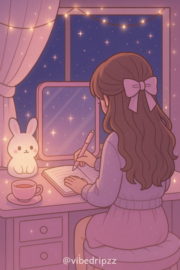 aesthetic night routine story notebook with heart doodles and fairy lights bokeh