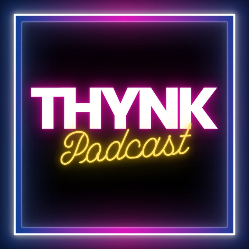 aesthetic podcast cover story neon podcast cover black background pink blue glow grainy