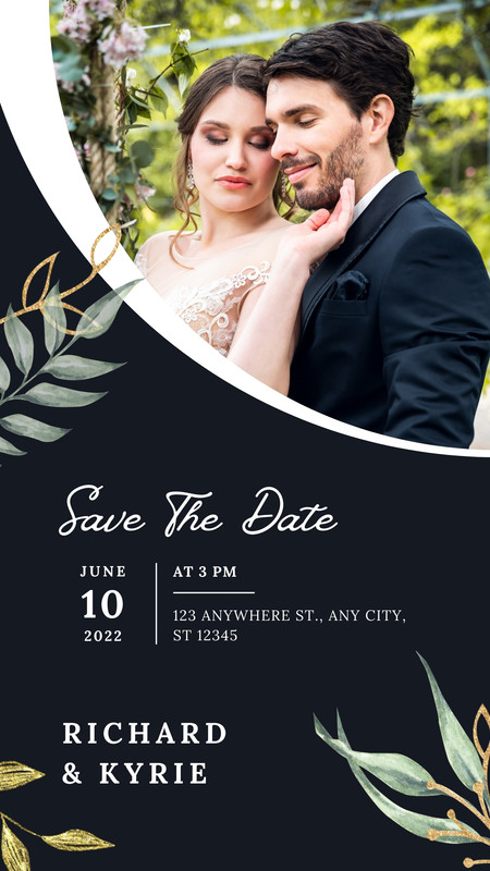 aesthetic save the date story gold foil save the date Instagram story template dark background